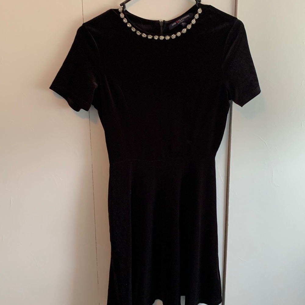 Black velvet rhinestone neckline dress